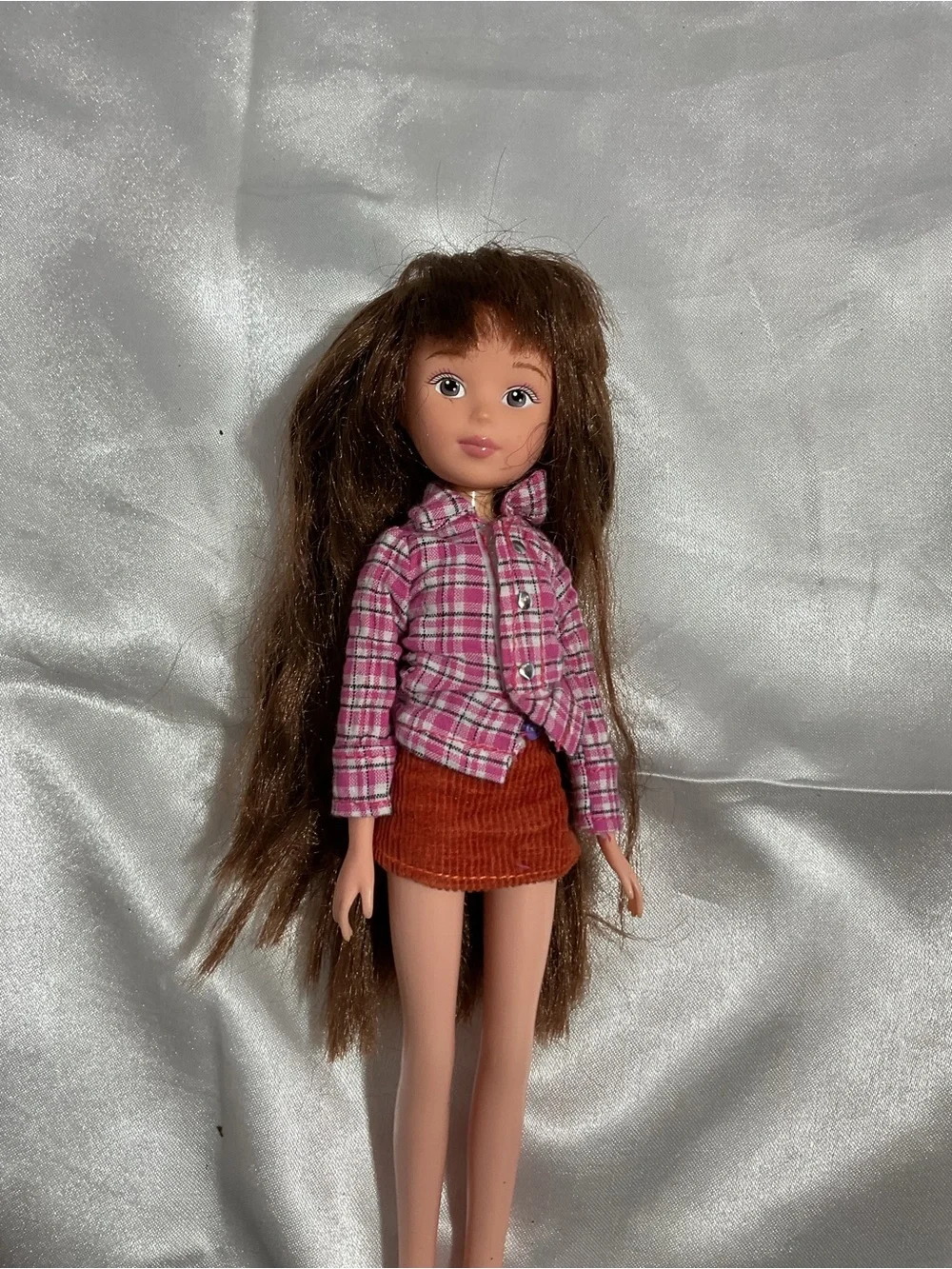 Brown-Haired Fashion Doll with Pink Plaid Shirt and Rust Skirt - Kids Toys